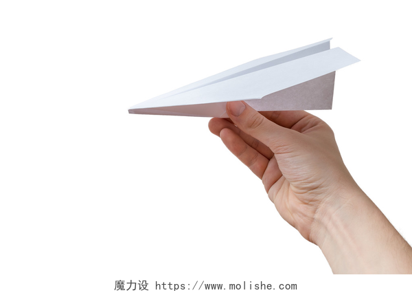 手中握有折纸纸飞机手中握有折纸纸飞机。白色背景上孤立.